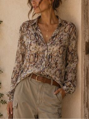 APNY Abstract Kaleidoscope Printed Button-Up Blouse in Cream & Brown
